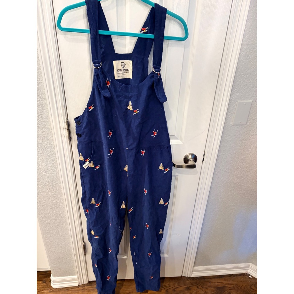 Icelantic Skis Overalls Blue Corduroy Embroidered Skiers Pine Trees Bibs L USA